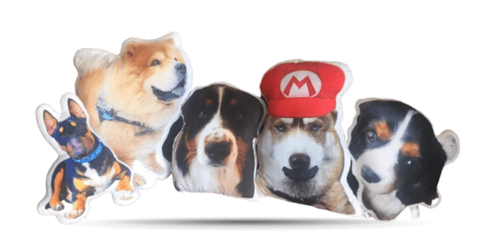 Exemples réels de coussins personnalisés CreaPilou découpés à la silhouette : Chow chow, Bouvier Bernois, Husky casquette Mario, chiots